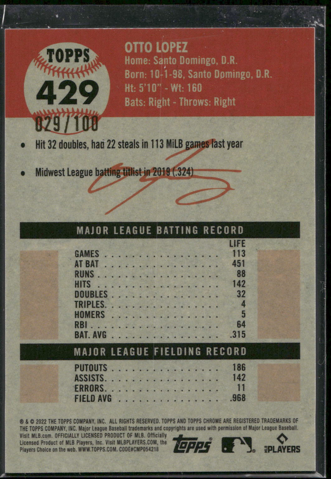 2022 Topps Chrome Platinum Anniversary #429 Otto Lopez Fuchsia Atomic /100