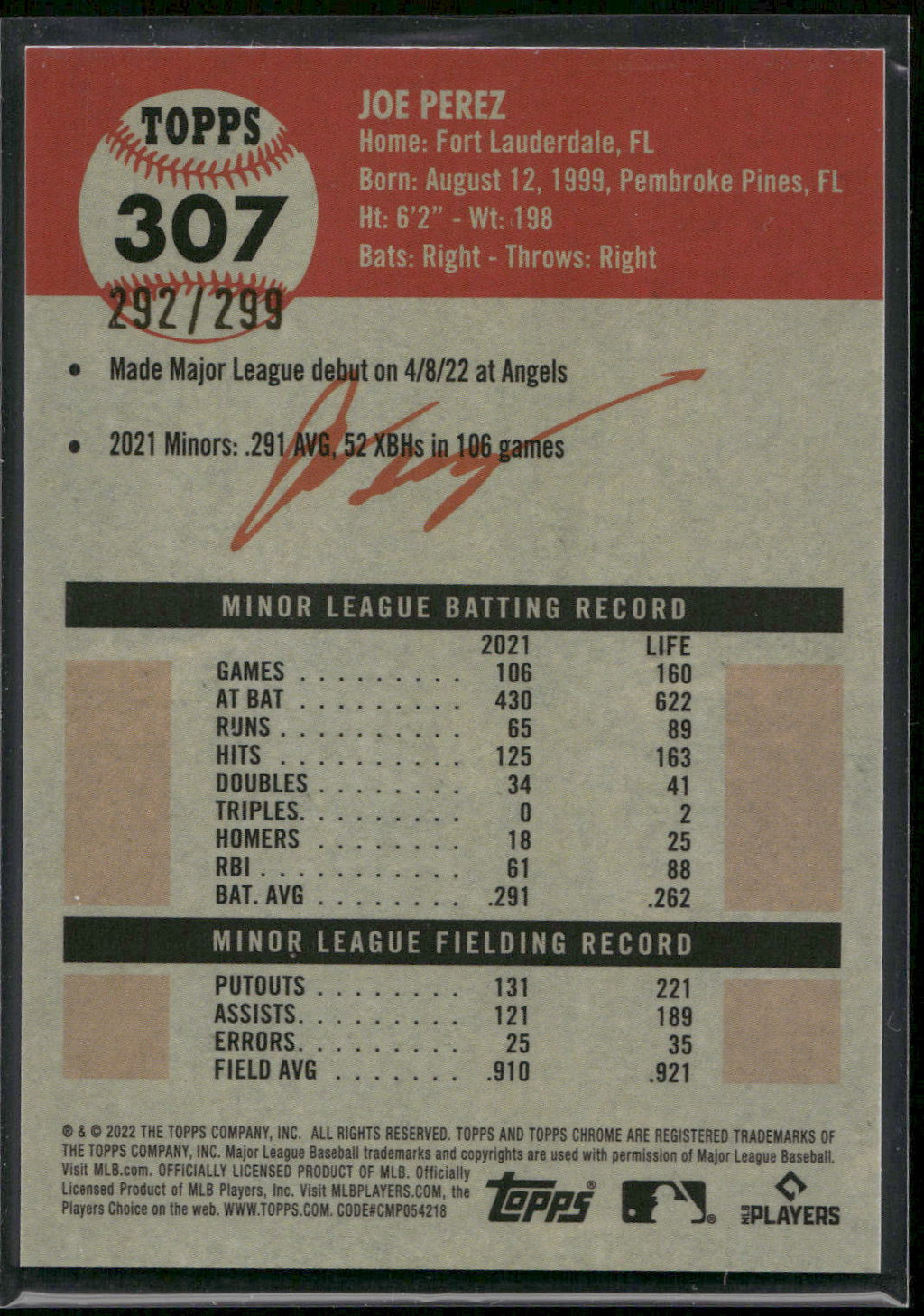 2022 Topps Chrome Platinum Anniversary #307 Joe Perez Aqua Lava Refractor #/299
