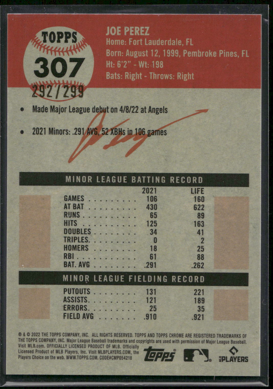 2022 Topps Chrome Platinum Anniversary #307 Joe Perez Aqua Lava Refractor #/299
