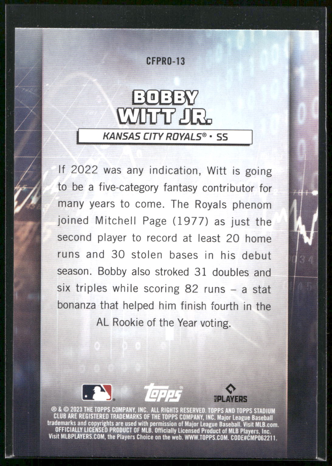 2023 Stadium Club #CFPRO-13 Bobby Witt Jr. Chief Fantasy Professionals Red