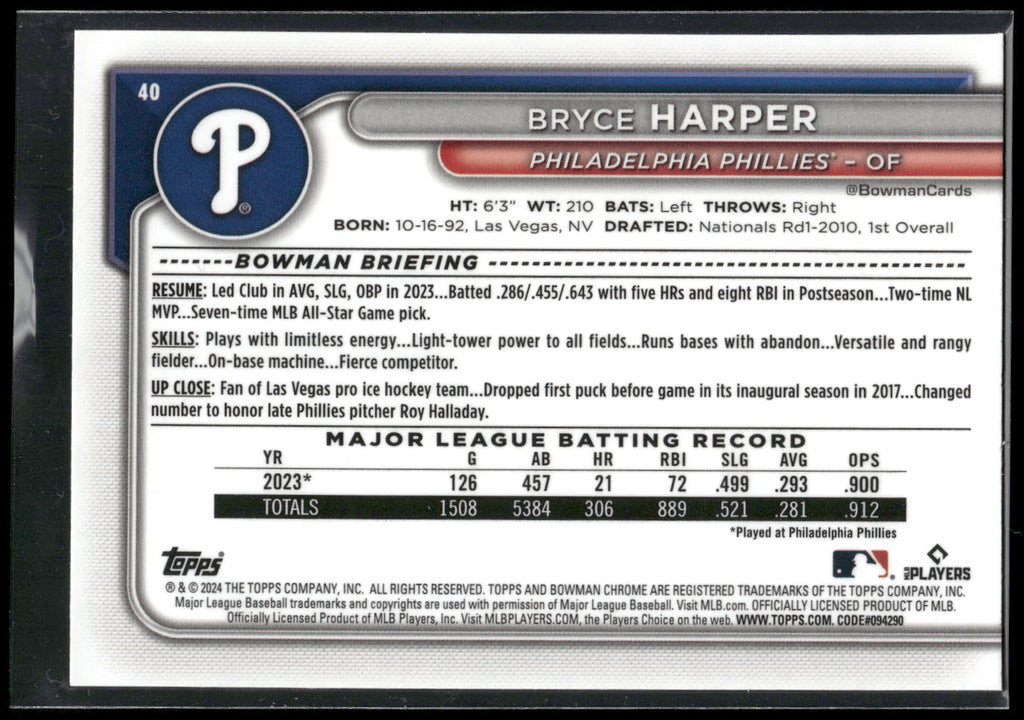 2024 Bowman Chrome #40 Bryce Harper Mojo Refractors