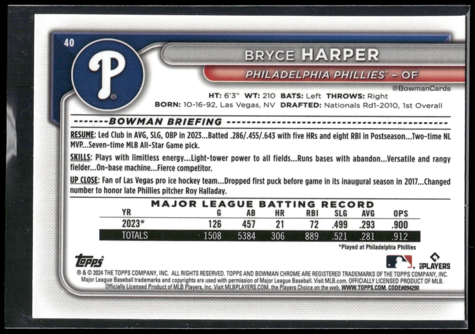 2024 Bowman Chrome #40 Bryce Harper Mojo Refractors