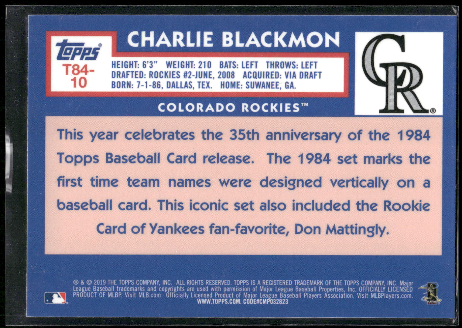 2019 Topps #T84-10 Charlie Blackmon 1984 Topps Baseball 35th Anniversary Chrome