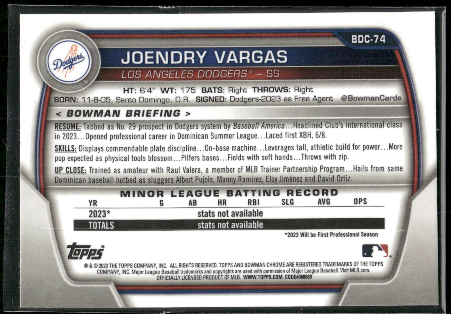 2023 Bowman Draft #BDC-74 Joendry Vargas Chrome Purple Refractor #/250