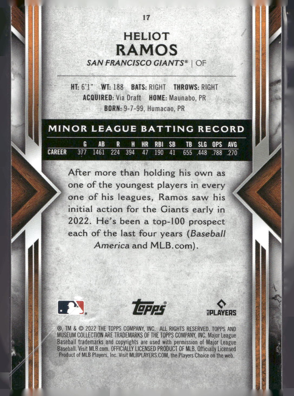 2022 Topps Museum Collection #17 Heliot Ramos Sapphire #/150