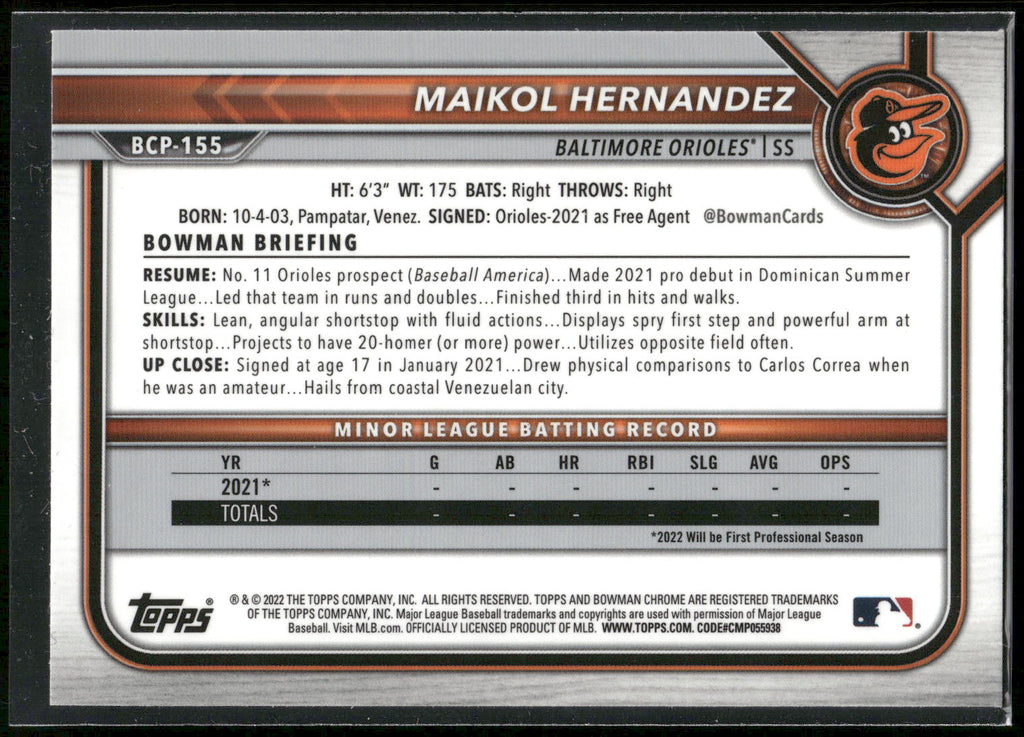 2022 Bowman Chrome #BCP-155 Maikol Hernandez Prospects Mojo Refractor