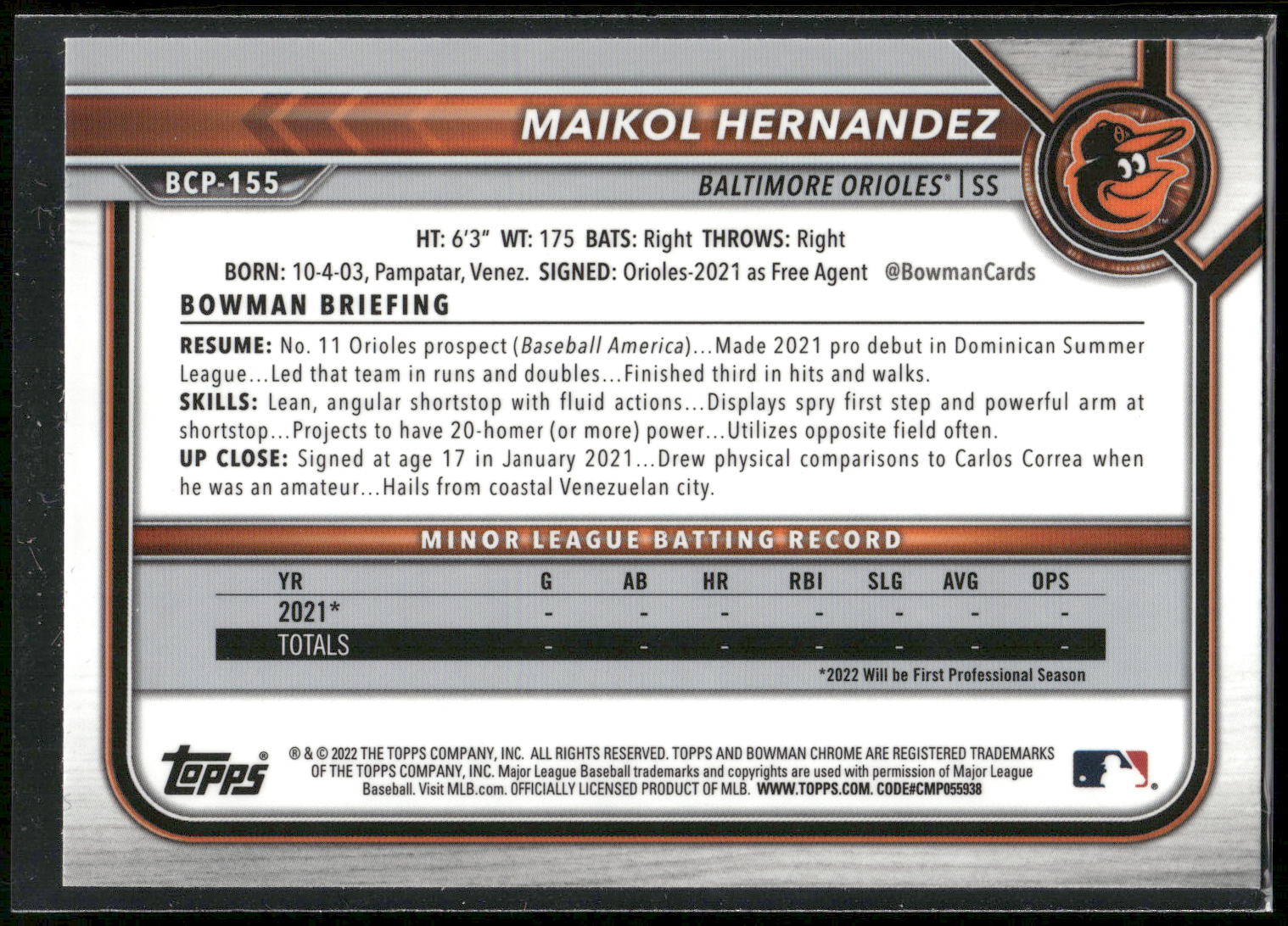 2022 Bowman Chrome #BCP-155 Maikol Hernandez Prospects Mojo Refractor