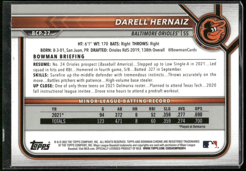 2022 Bowman #BCP-27 Darell Hernaiz Chrome Prospects Mojo Refractors