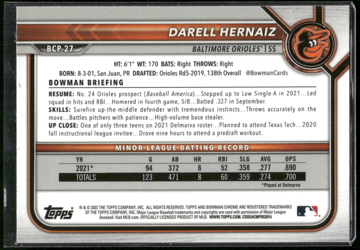 2022 Bowman #BCP-27 Darell Hernaiz Chrome Prospects Mojo Refractors