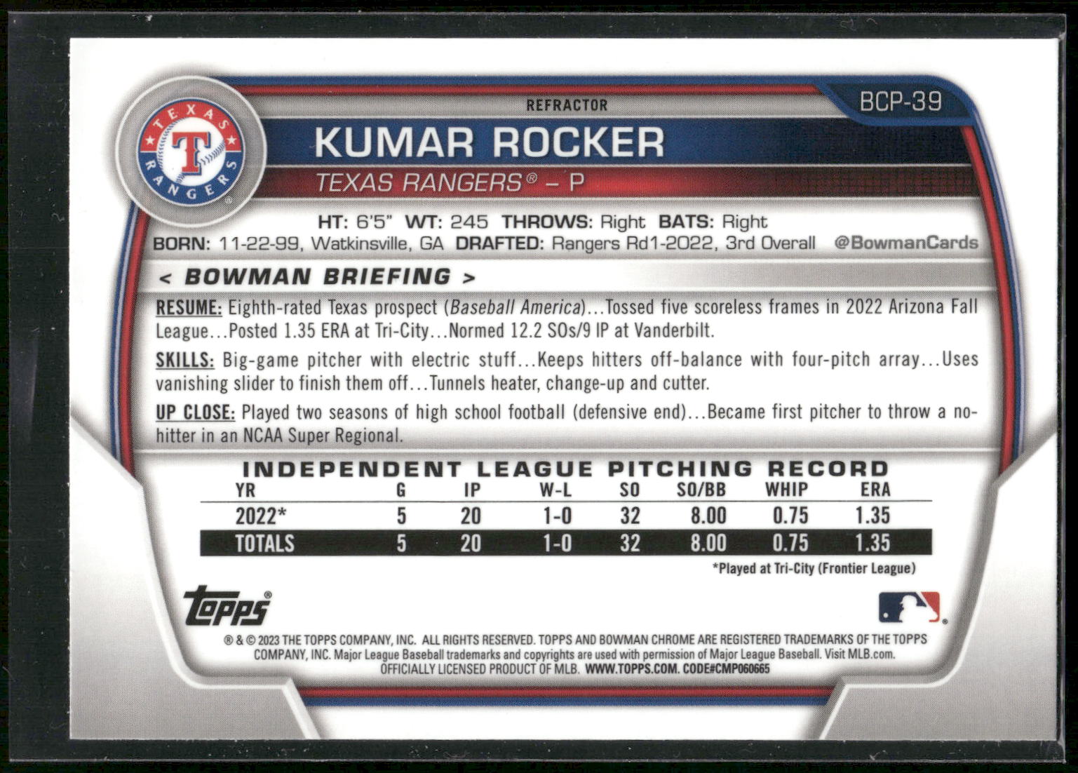 2023 Bowman #BCP-39 Kumar Rocker Chrome Prospects Lunar Glow Refractors