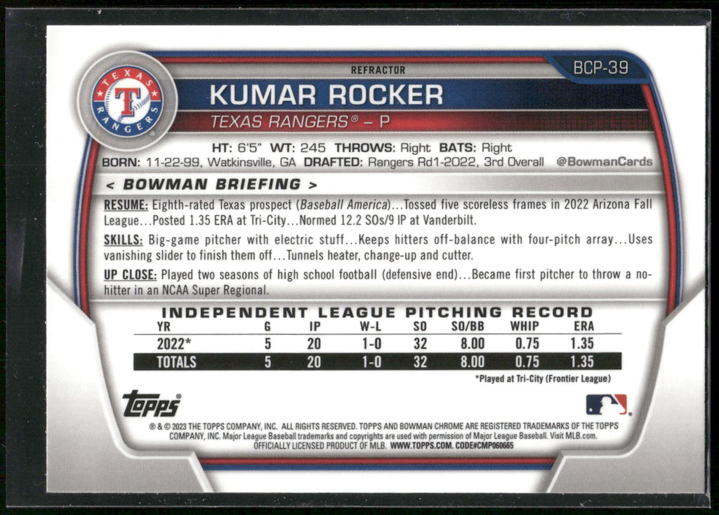 2023 Bowman #BCP-39 Kumar Rocker Chrome Prospects Lunar Glow Refractors
