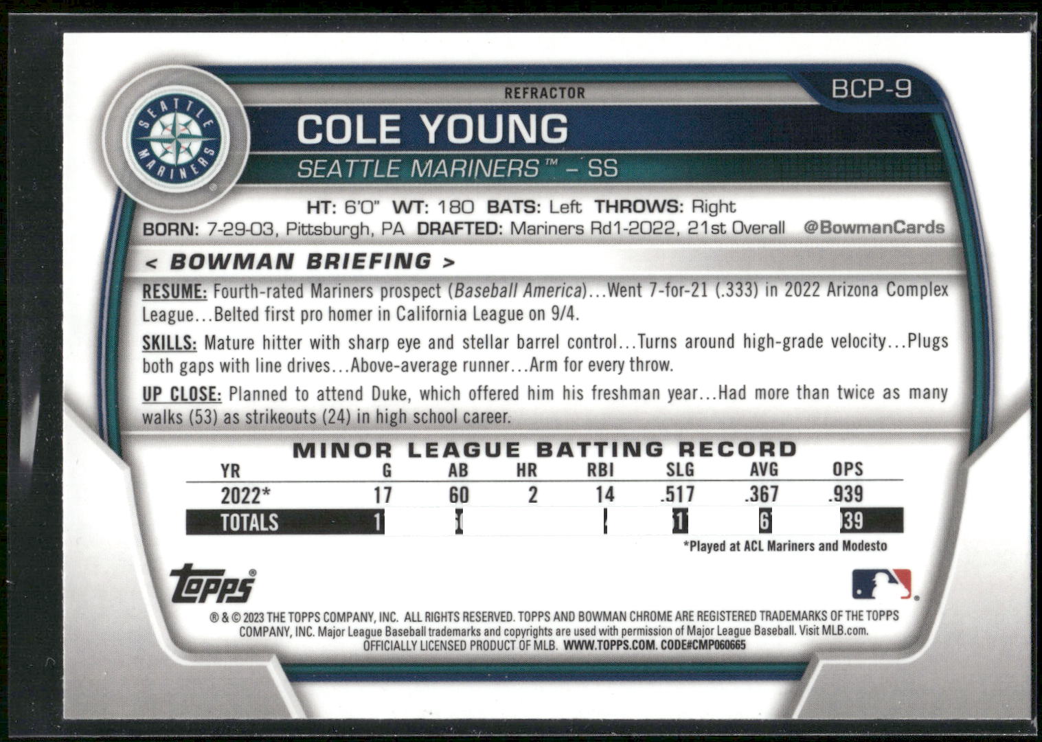 2023 Bowman #BCP-9 Cole Young Chrome Prospects Lunar Glow Refractors