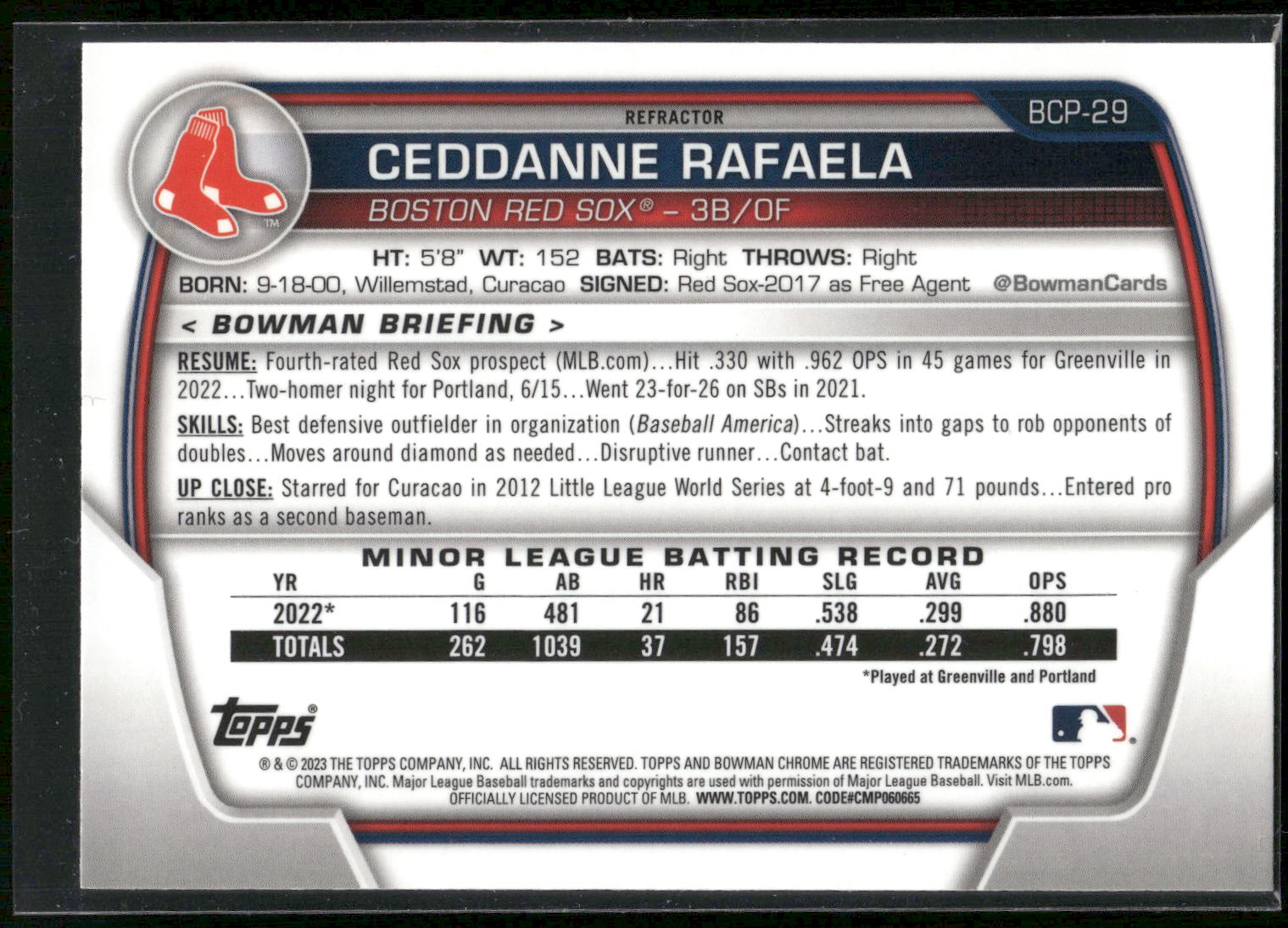 2023 Bowman #BCP-29 Ceddanne Rafaela Chrome Prospects Lunar Glow Refractors
