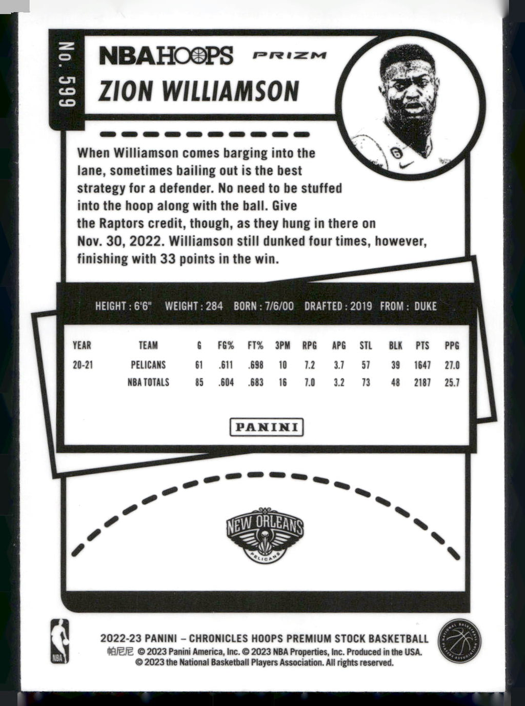 2022-23 Panini Chronicles #599 Zion Williamson Silver