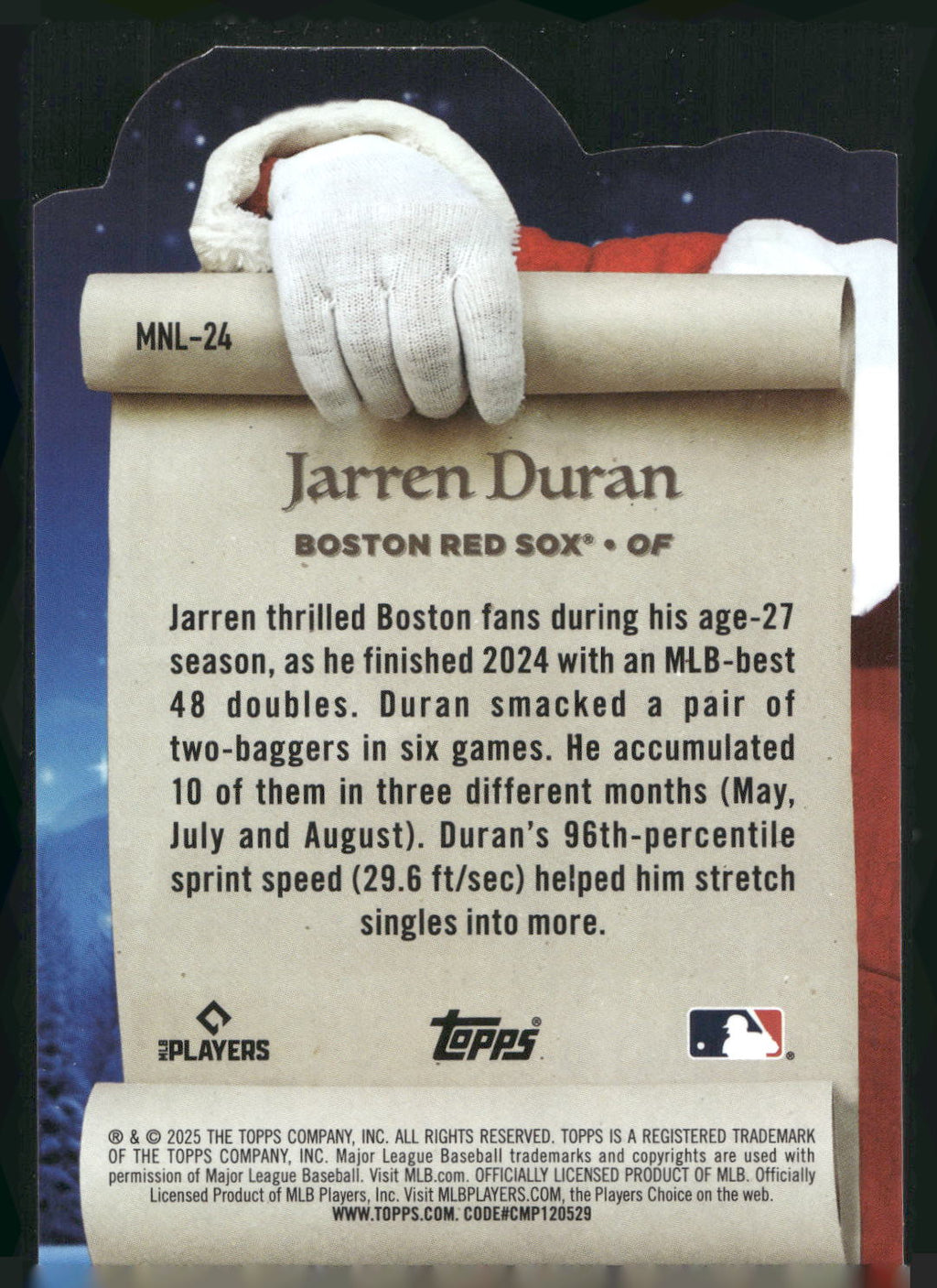 2025 Topps Holiday #MNL-24 Jarren Duran Making the Nice List