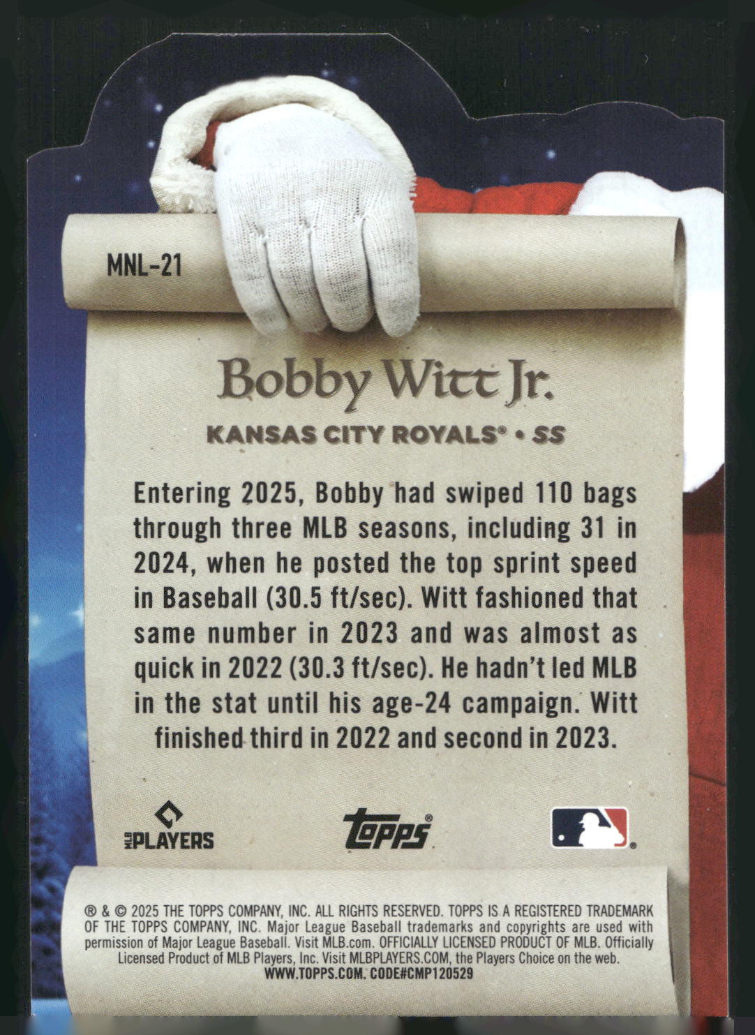 2025 Topps Holiday #MNL-21 Bobby Witt Jr. Making the Nice List