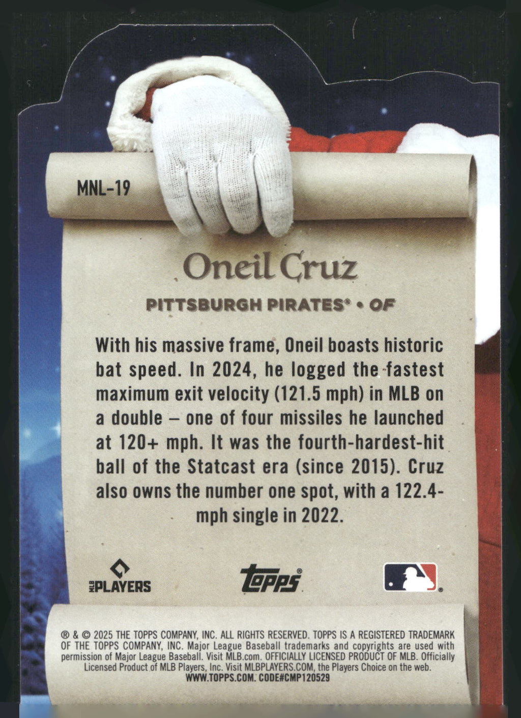 2025 Topps Holiday #MNL-19 Oneil Cruz Making the Nice List