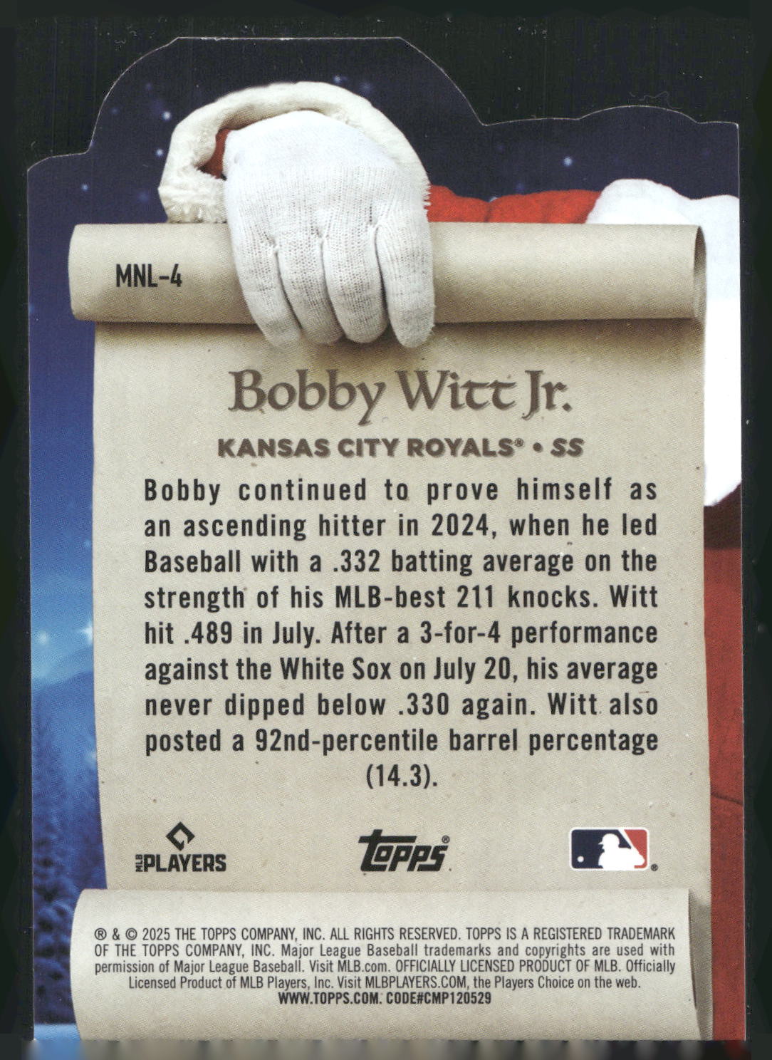 2025 Topps Holiday #MNL-4 Bobby Witt Jr. Making the Nice List