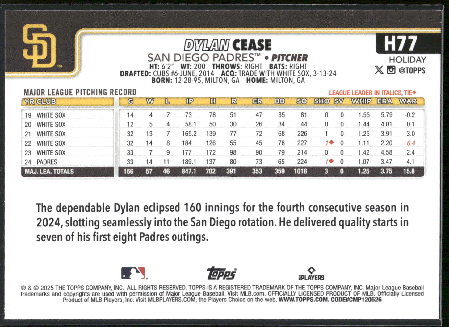2025 Topps Holiday #H77 Dylan Cease Green Holiday Plaid