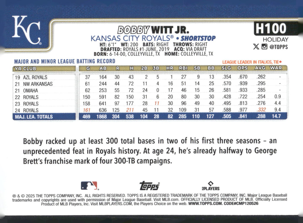 2025 Topps Holiday #H100 Bobby Witt Jr. Green Holiday Plaid