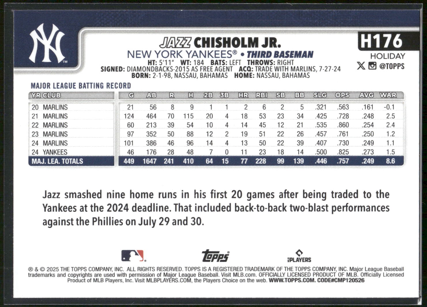2025 Topps Holiday #H176 Jazz Chisholm Jr. Green Holiday Plaid