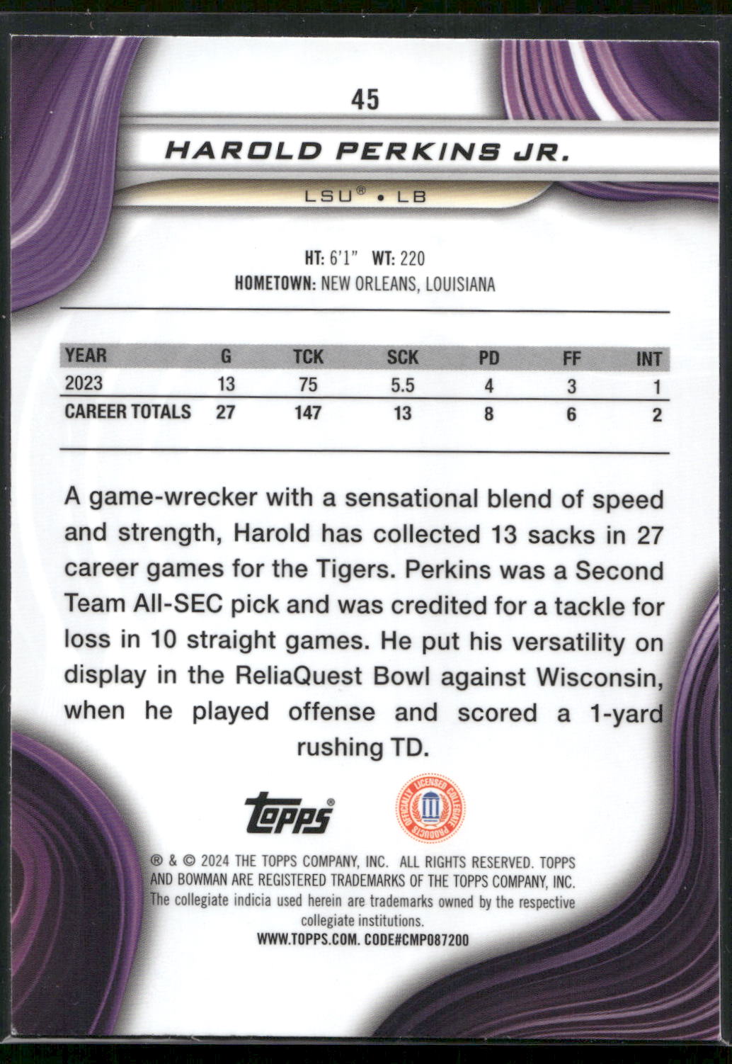 2024 Bowman University Best #45 Harold Perkins Jr.