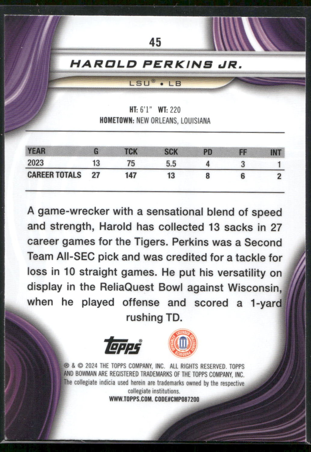 2024 Bowman University Best #45 Harold Perkins Jr.
