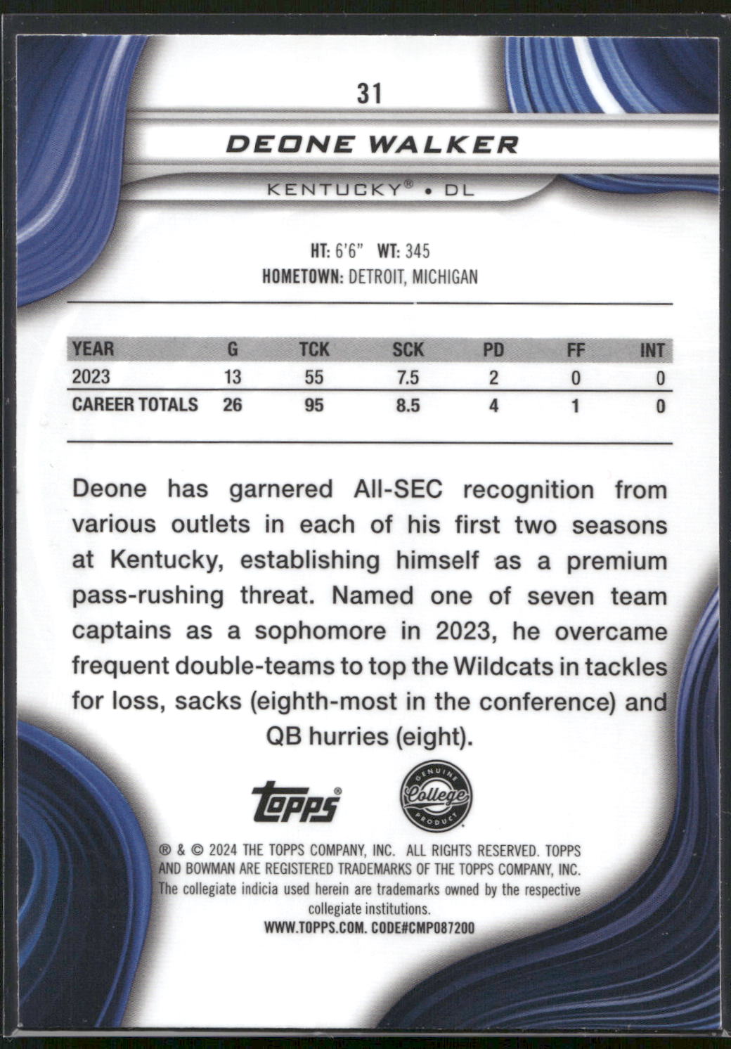 2024 Bowman University Best #31 Deone Walker