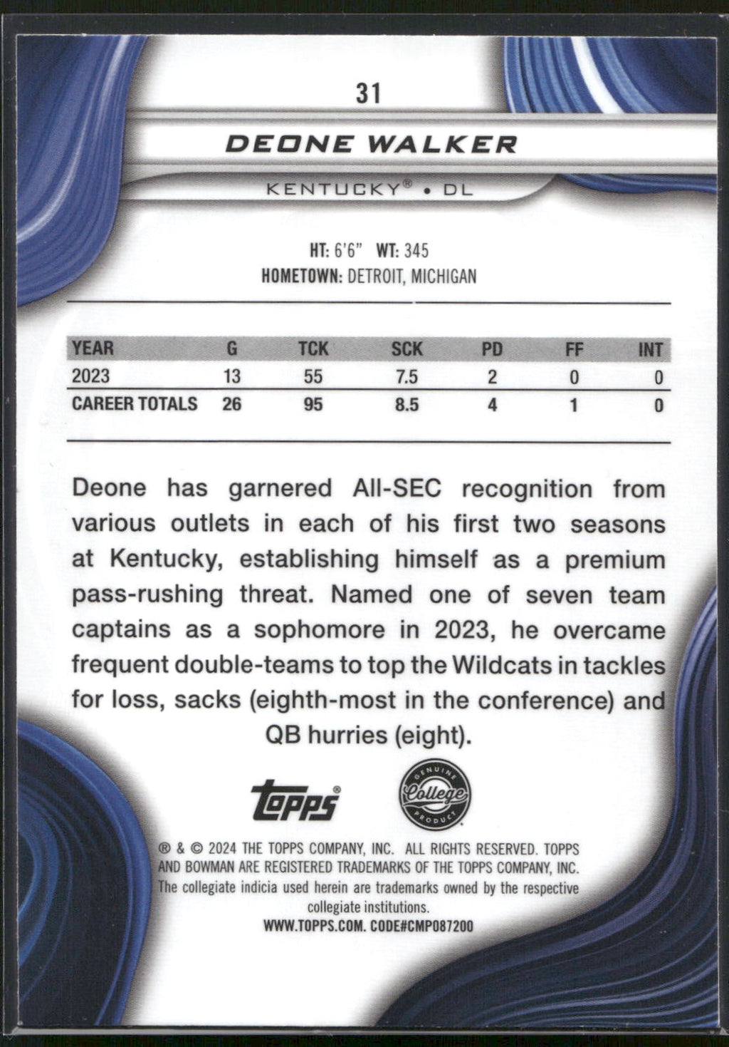 2024 Bowman University Best #31 Deone Walker