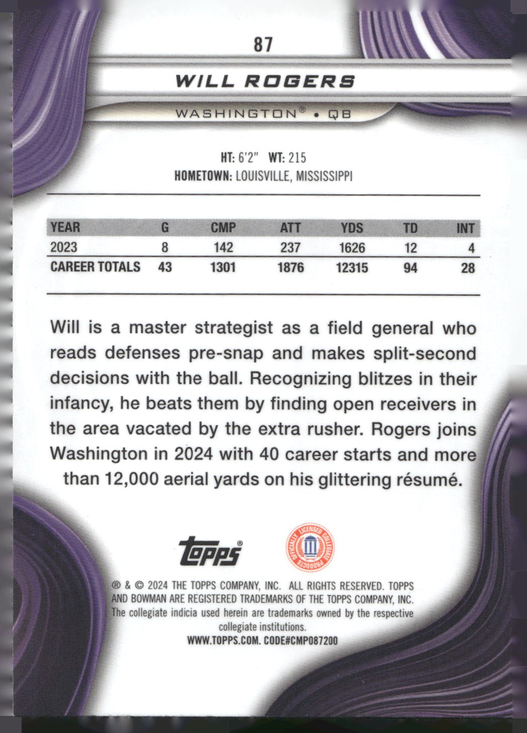 2024 Bowman University Best #87 Will Rogers