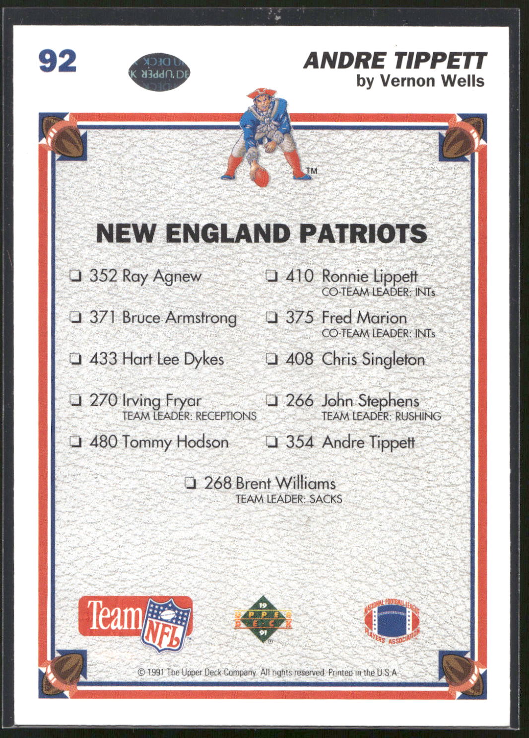 1991 Upper Deck #92 Andre Tippett