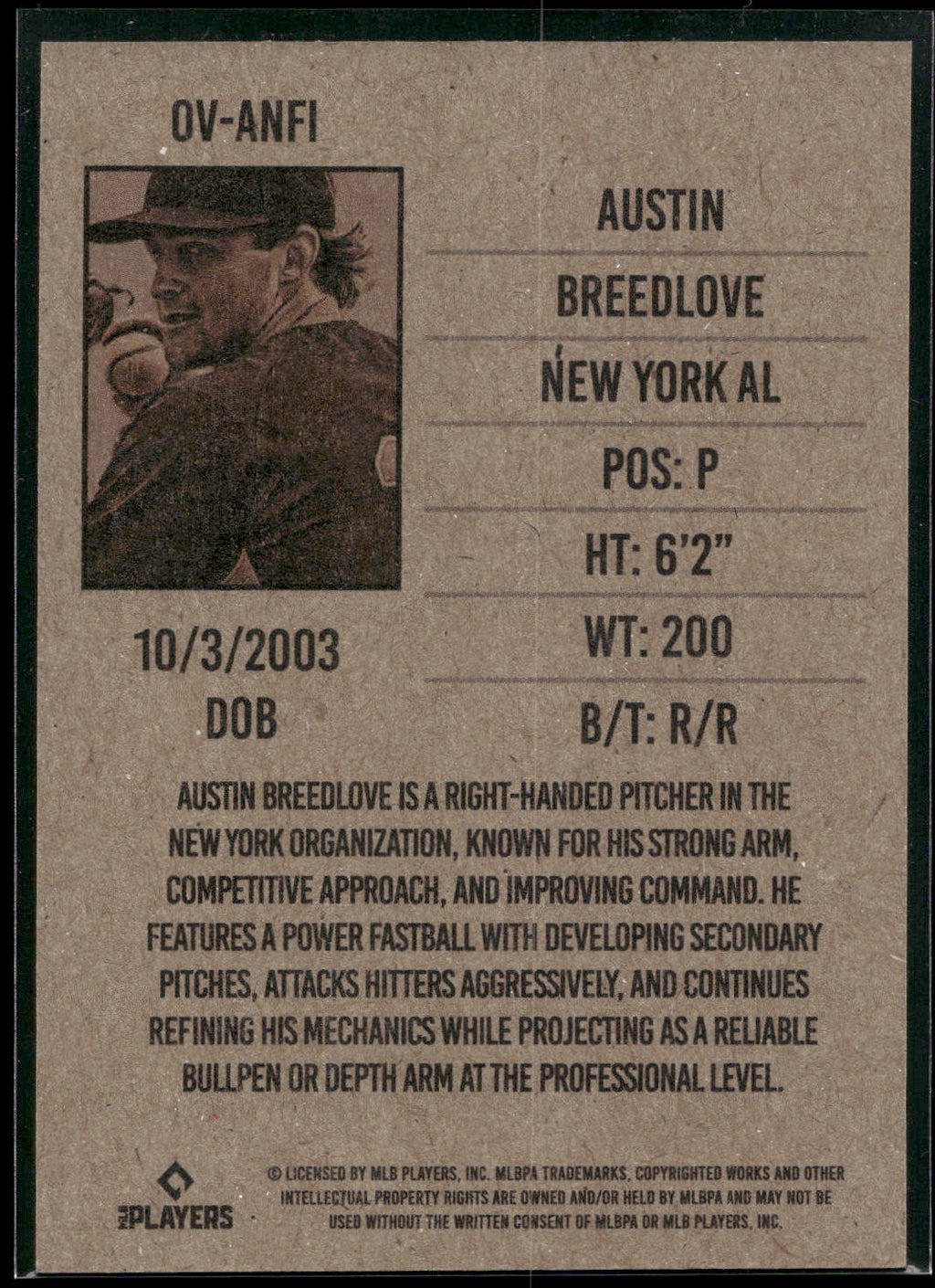 2026 Onyx Vintage Austin Breedlove New York Yankees Prospect Card #OV-ANFI