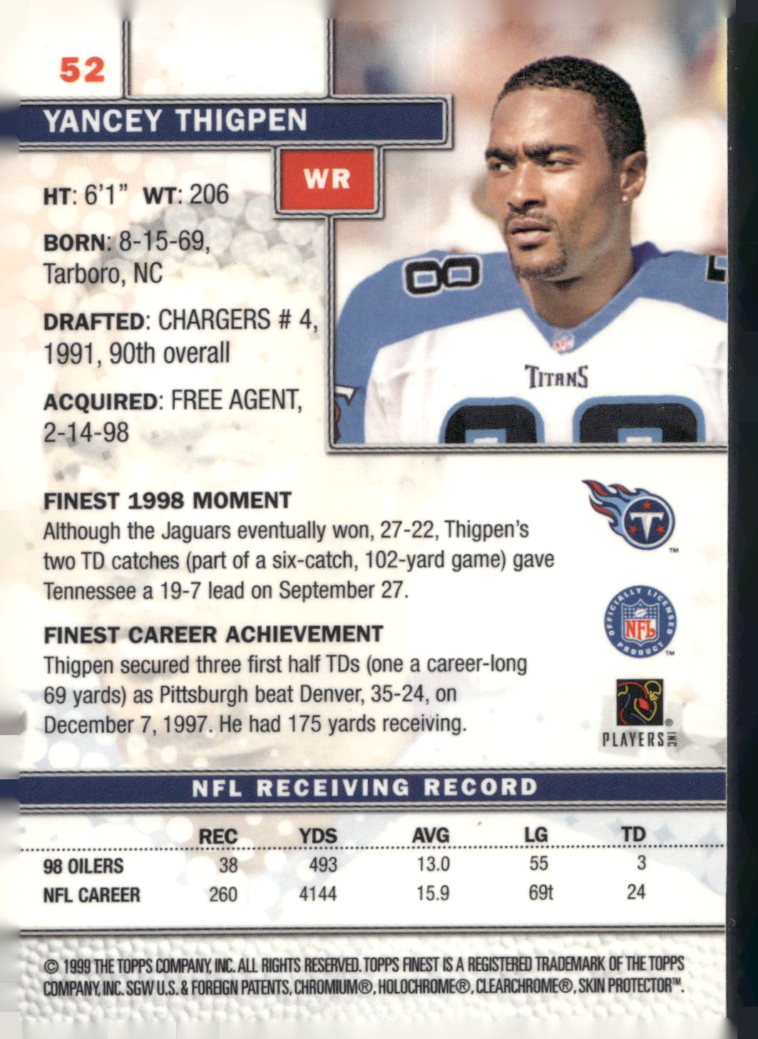 1999 Finest #52 Yancey Thigpen