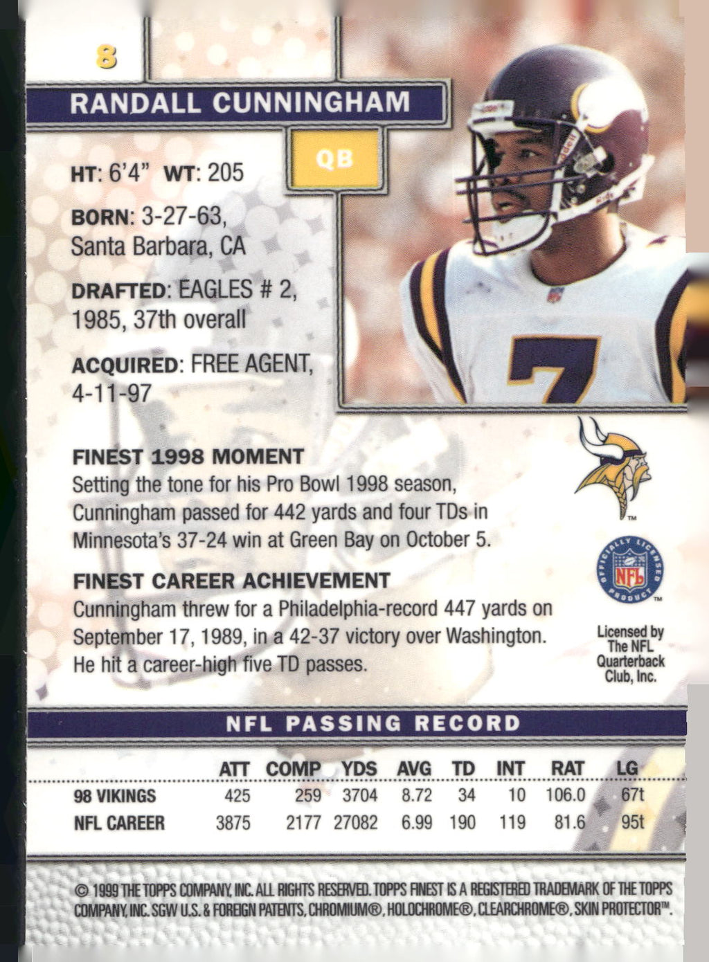 1999 Finest #8 Randall Cunningham