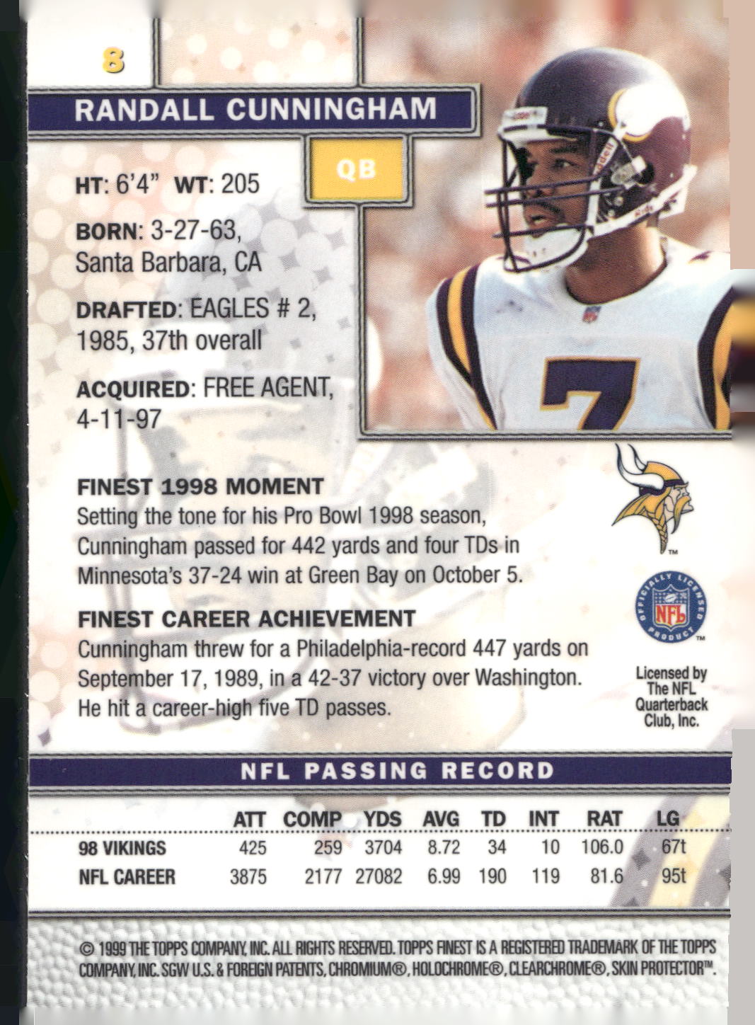 1999 Finest #8 Randall Cunningham