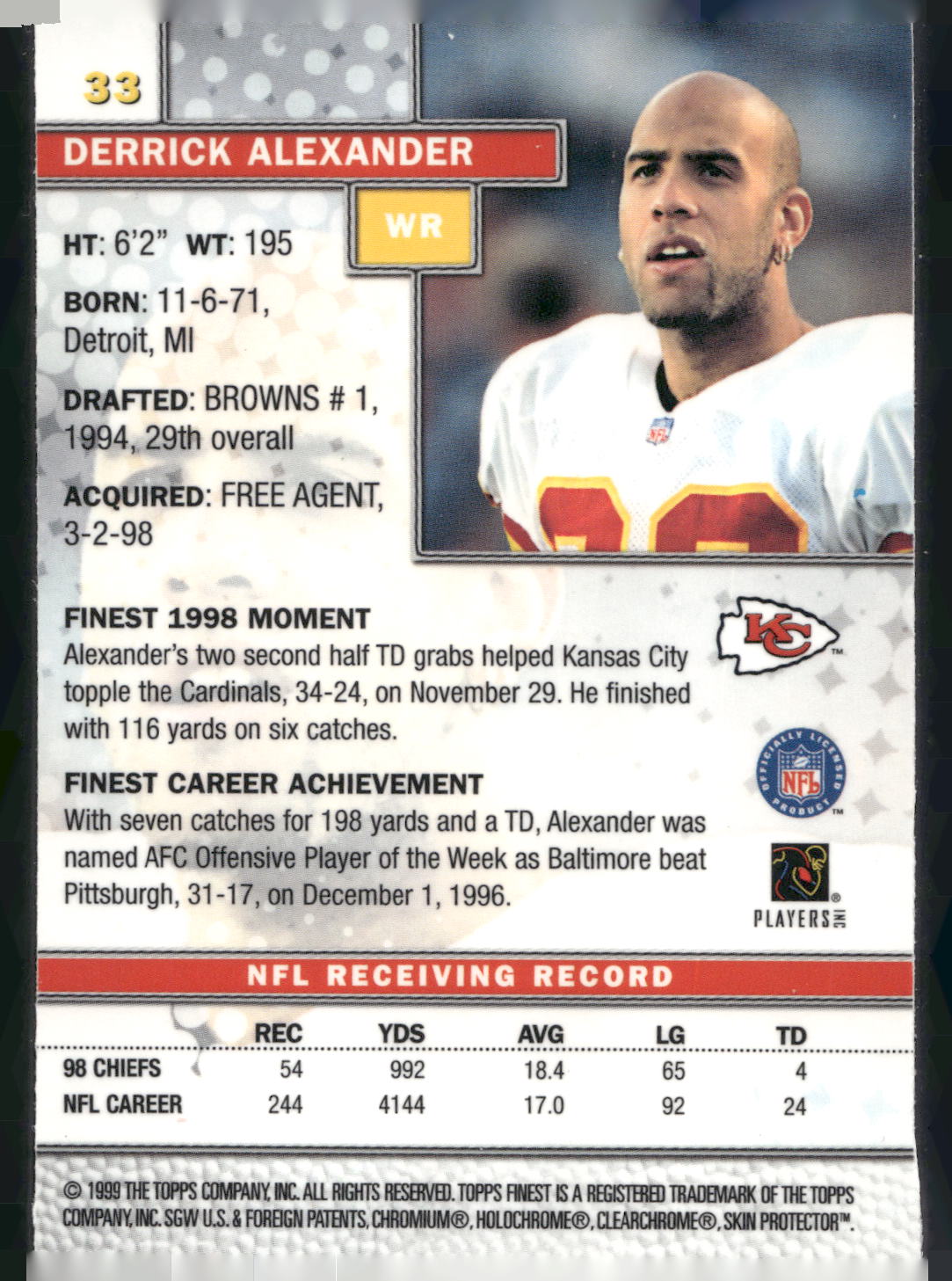 1999 Finest #33 Derrick Alexander