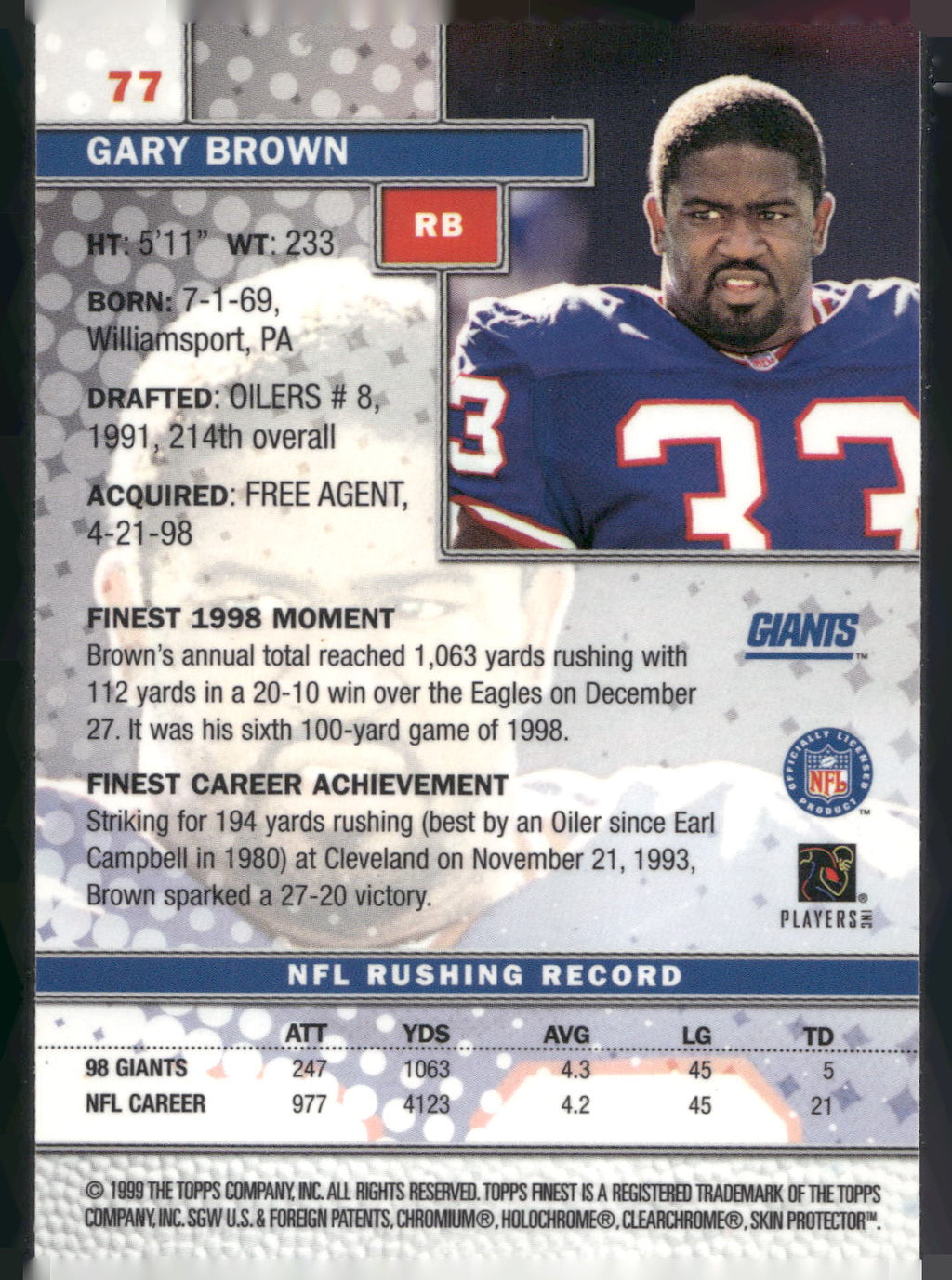 1999 Finest #77 Gary Brown
