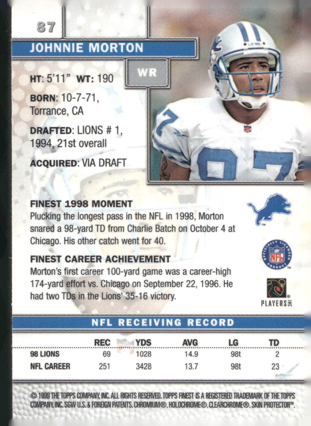1999 Finest #87 Johnnie Morton