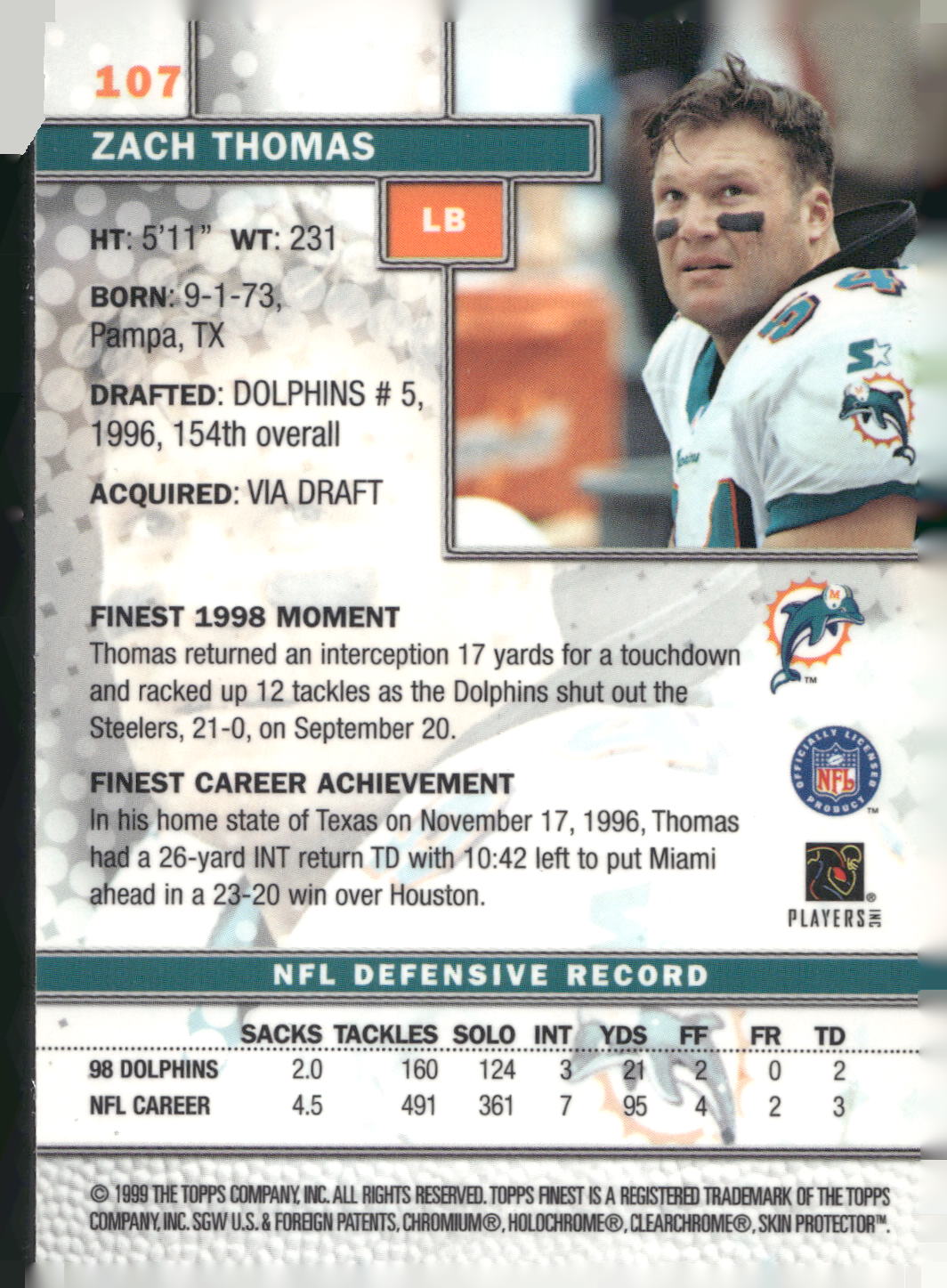 1999 Finest #107 Zach Thomas
