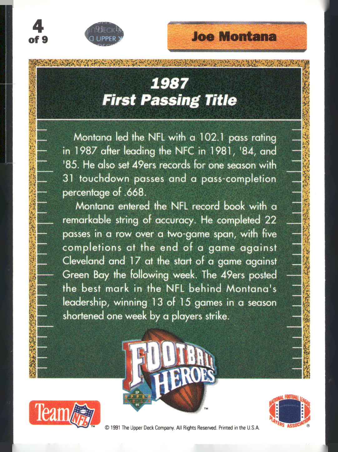 1991 Upper Deck #4 Joe Montana Football Heroes: Joe Montana