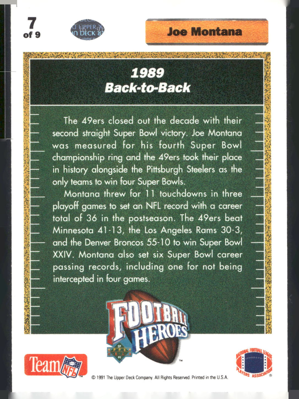 1991 Upper Deck #7 Joe Montana Football Heroes: Joe Montana