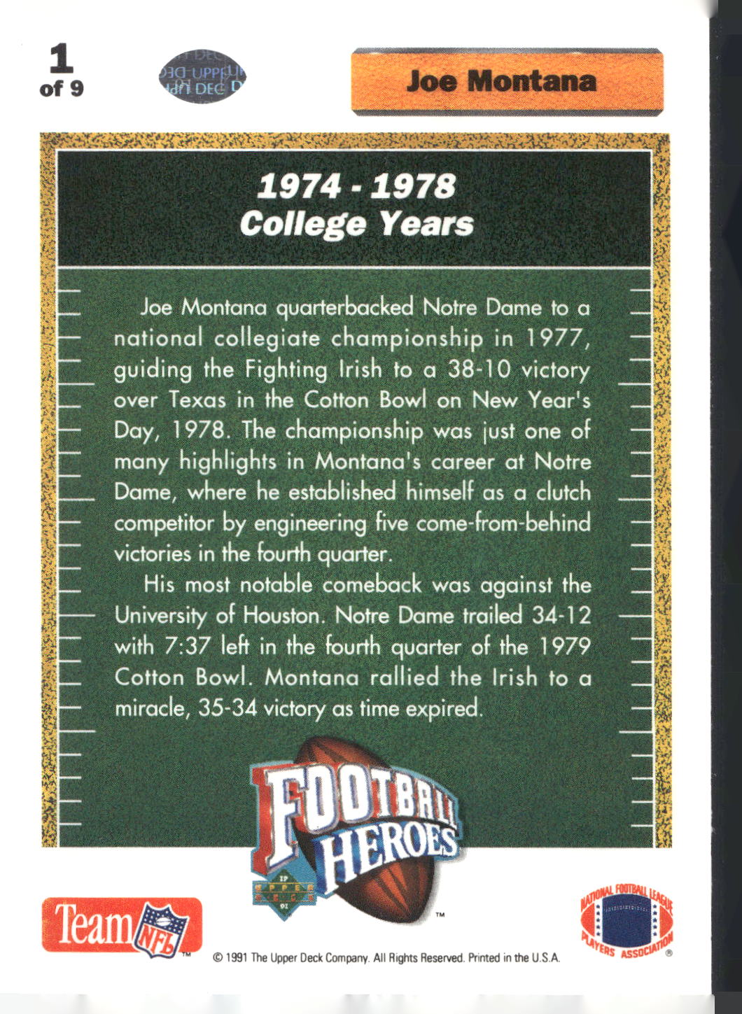 1991 Upper Deck #1 Joe Montana Football Heroes: Joe Montana