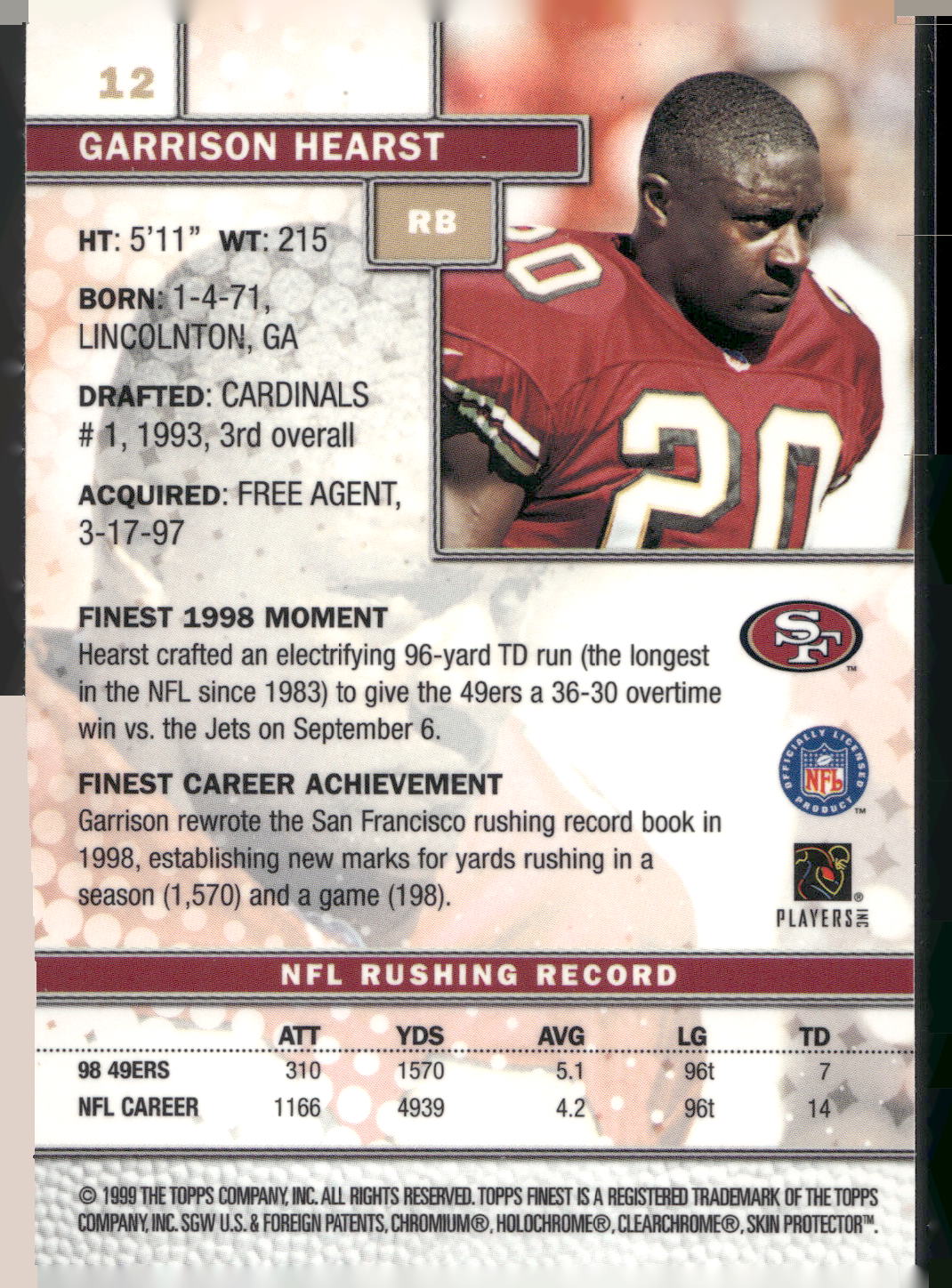 1999 Finest #12 Garrison Hearst