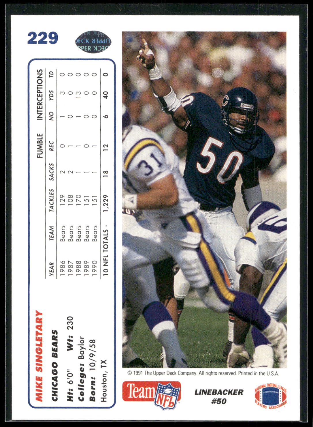 1991 Upper Deck #229 Mike Singletary