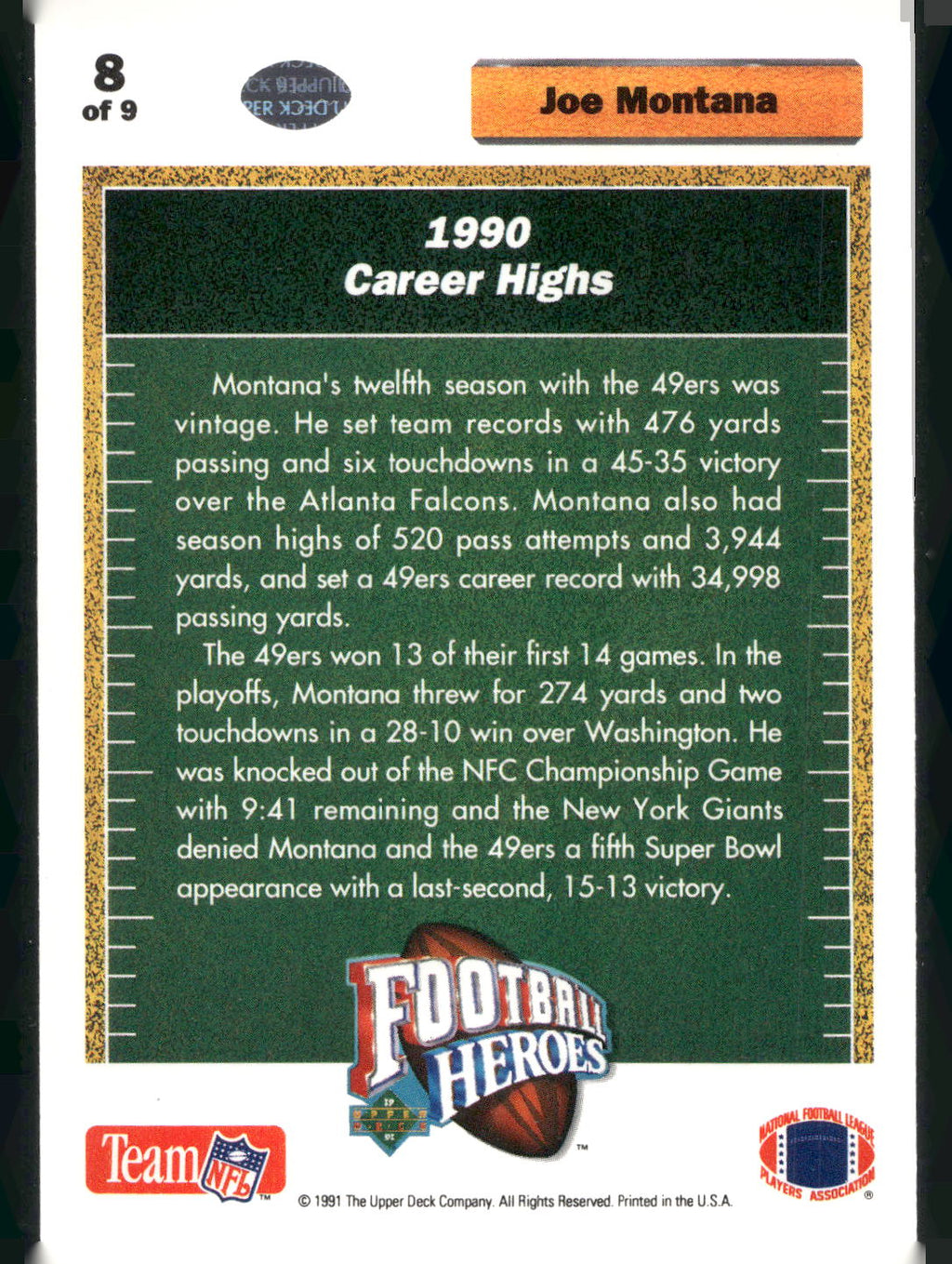 1991 Upper Deck #8 Joe Montana Football Heroes: Joe Montana