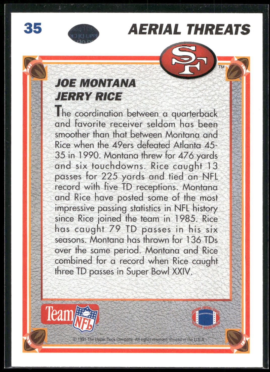 1991 Upper Deck #35 Joe Montana / Jerry Rice