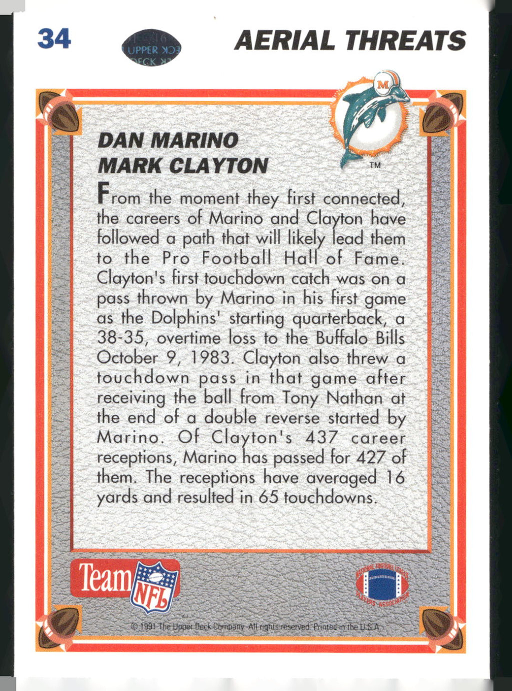 1991 Upper Deck #34b Dan Marino / Mark Clayton