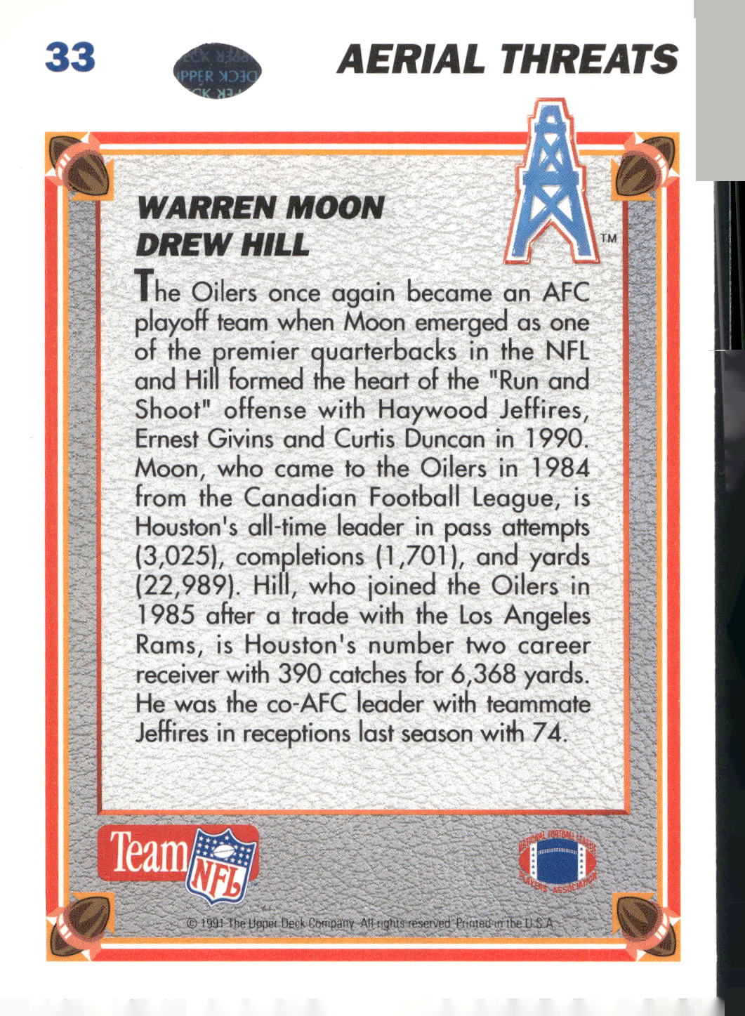 1991 Upper Deck #33 Warren Moon / Drew Hill