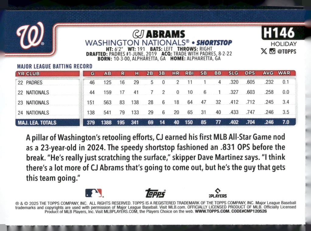 2025 Topps Holiday #H146 CJ Abrams Silver Glitter Holiday