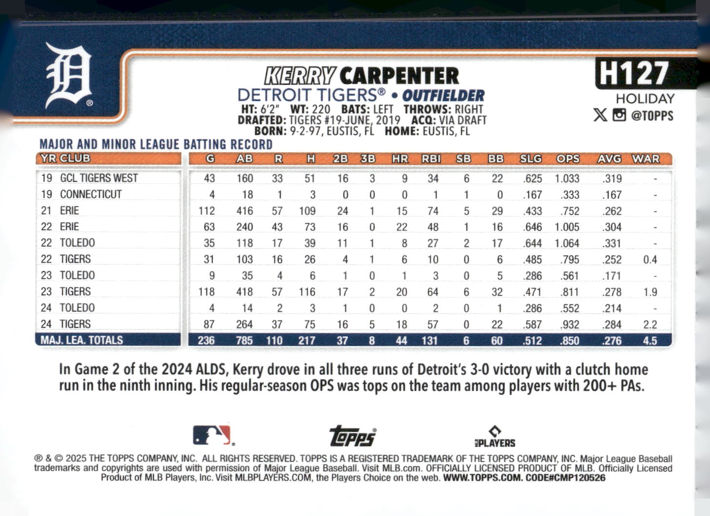 2025 Topps Holiday #H127 Kerry Carpenter Silver Glitter Holiday